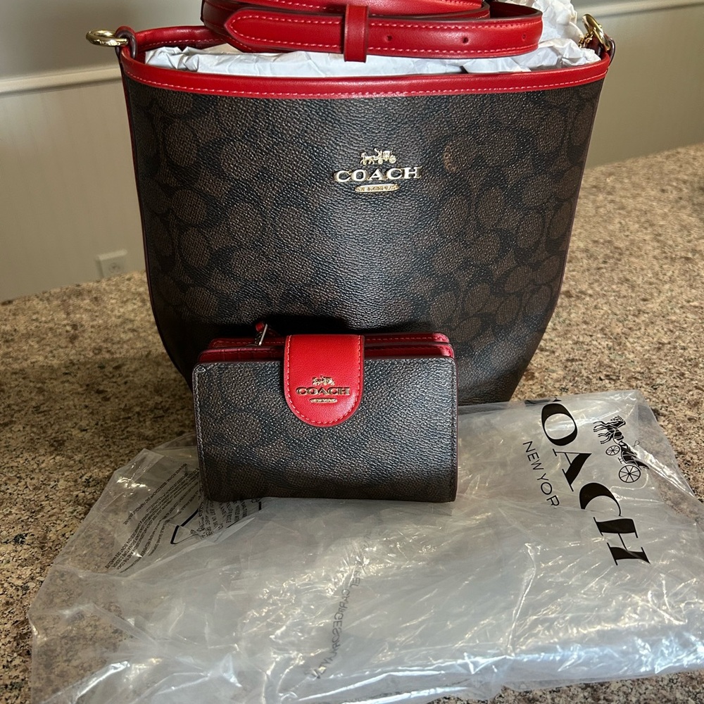 Coach Signature Brown and Red Shoulder Bag and wallet